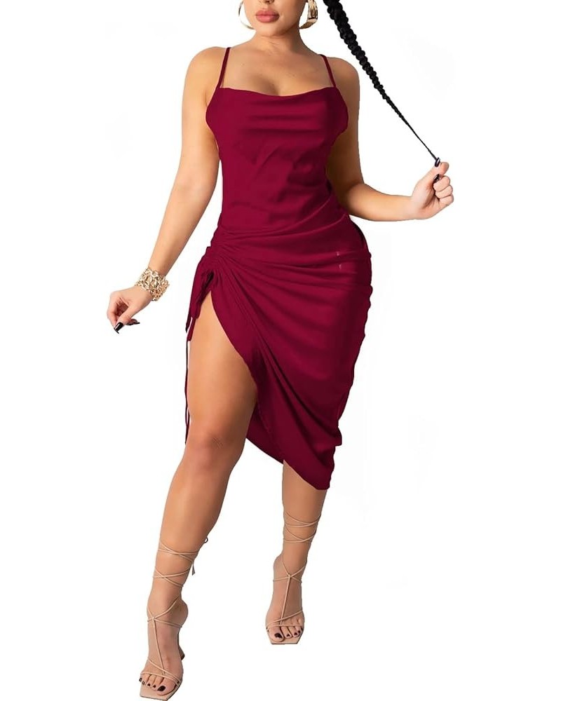 Women's Spaghetti Strap Backless Side Slit Drawstring Ruched Satin Midi Dress Night Party Clubwear Burgundy $14.76 Dresses