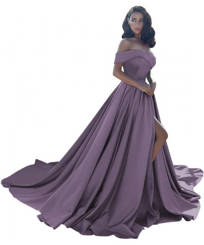 Women's Off The Shoulder Satin Prom Dresses with Slit Long Formal Evening Party Gowns with Pockets SYYS043 Mauve $30.55 Dresses