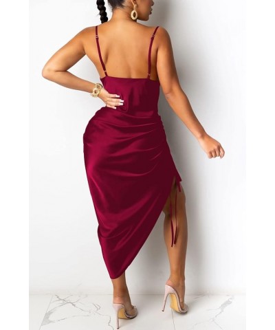 Women's Spaghetti Strap Backless Side Slit Drawstring Ruched Satin Midi Dress Night Party Clubwear Burgundy $14.76 Dresses