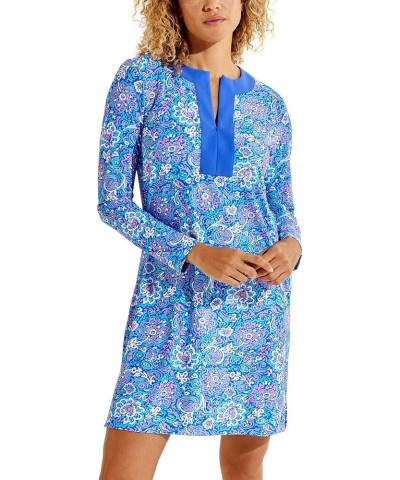 UPF 50+ Women's Shoreside Swim Cover-Up Dress - Sun Protective Blue Multicolor Spring Floral $28.59 Swimsuits