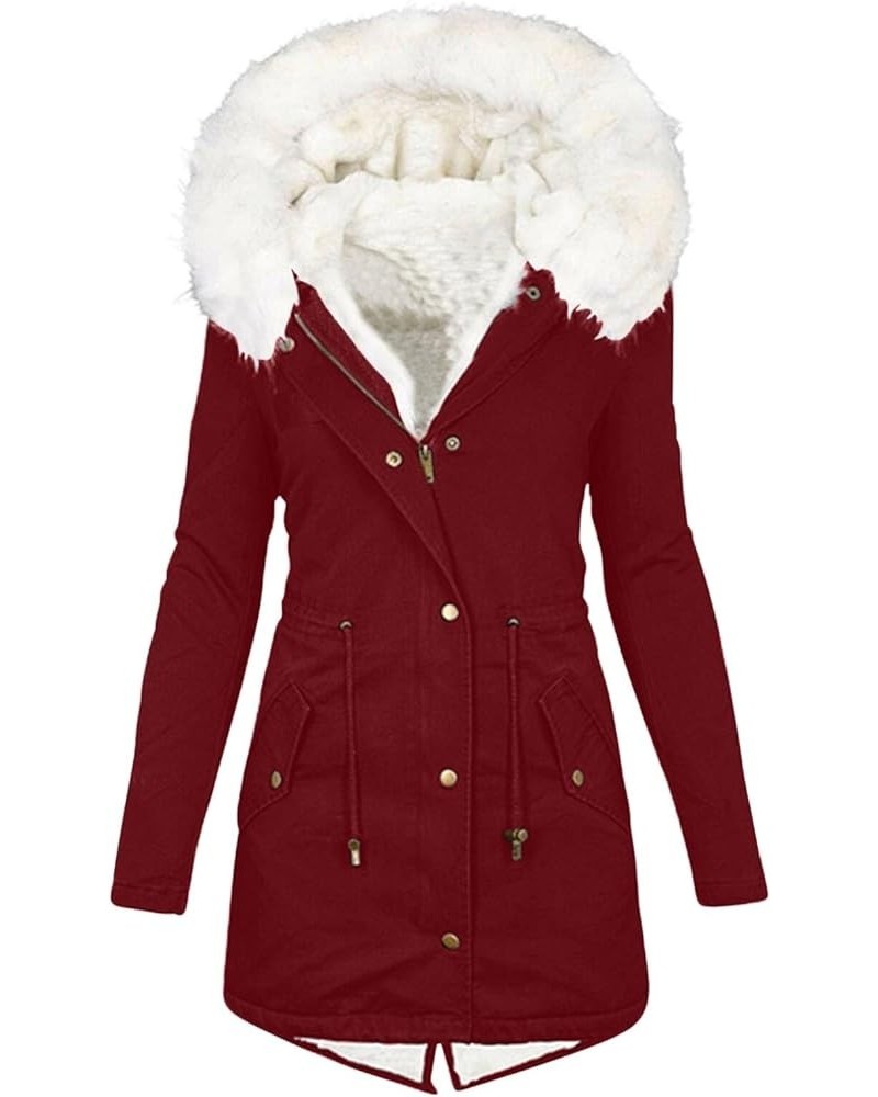 Womens Winter Coats Mid-Length Sherpa Lined Warm Zipper Jackets Thickened Windproof Outerwear with Faux Fur Hood 02wine $20.3...