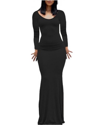 Women's Solid Color V Neck Sexy Long Sleeves Backless Fit Long Dress Plus Size Leather Dress Black $8.46 Dresses