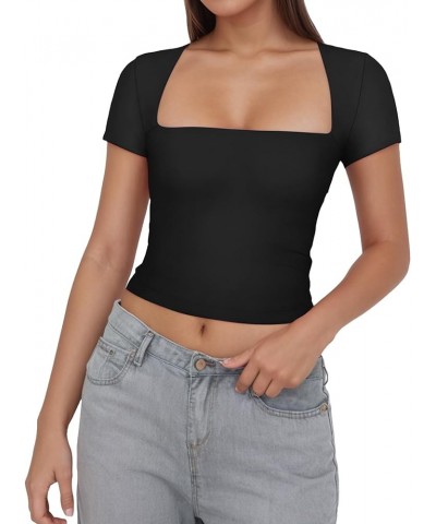 Women's Square Neck Short Sleeve Crop Tops Y2k Basic Cropped Slim Fit T Shirts Going Out Solid Color Tops Black $10.59 T-Shirts