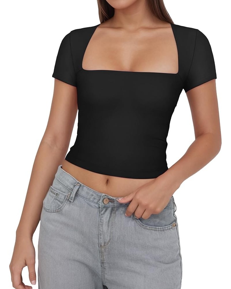 Women's Square Neck Short Sleeve Crop Tops Y2k Basic Cropped Slim Fit T Shirts Going Out Solid Color Tops Black $10.59 T-Shirts