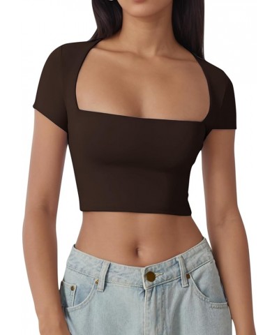 Women's Square Neck Short Sleeve Crop Tops Y2k Basic Cropped Slim Fit T Shirts Going Out Solid Color Tops Black $10.59 T-Shirts