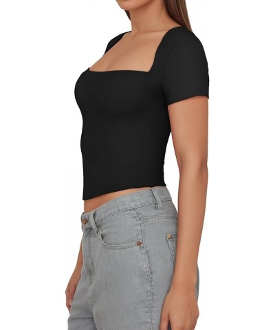 Women's Square Neck Short Sleeve Crop Tops Y2k Basic Cropped Slim Fit T Shirts Going Out Solid Color Tops Black $10.59 T-Shirts