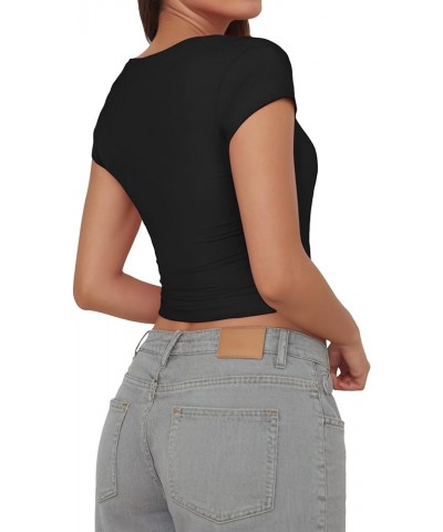 Women's Square Neck Short Sleeve Crop Tops Y2k Basic Cropped Slim Fit T Shirts Going Out Solid Color Tops Black $10.59 T-Shirts