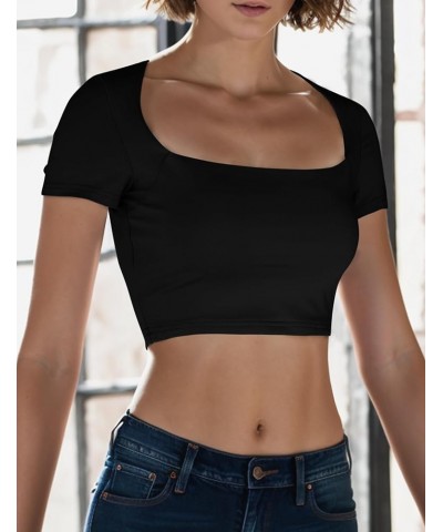 Women's Square Neck Short Sleeve Crop Tops Y2k Basic Cropped Slim Fit T Shirts Going Out Solid Color Tops Black $10.59 T-Shirts