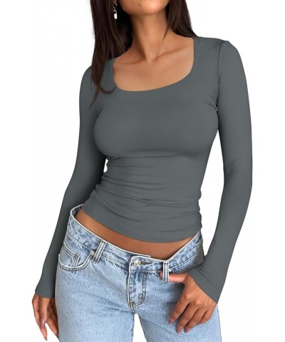 Womens Long Sleeve Shirts Crop Tops Basic Double Layering Tight Slim Fit Y2K T Shirts Winter Clothes 2024 Gray $10.79 T-Shirts