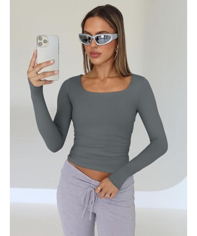 Womens Long Sleeve Shirts Crop Tops Basic Double Layering Tight Slim Fit Y2K T Shirts Winter Clothes 2024 Gray $10.79 T-Shirts