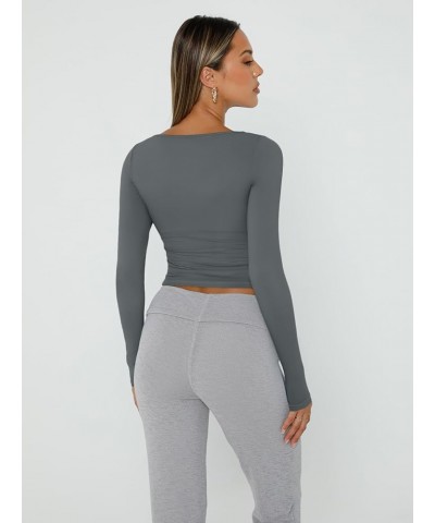 Womens Long Sleeve Shirts Crop Tops Basic Double Layering Tight Slim Fit Y2K T Shirts Winter Clothes 2024 Gray $10.79 T-Shirts