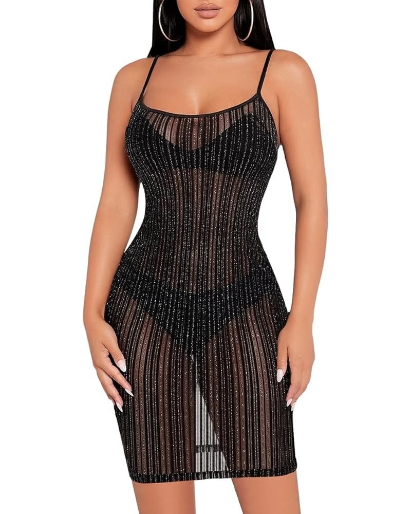 Women's Rhinestone Mesh Fishnet Bodycon Club Dress See Through Beach Swimwear Bikini Cover Up A5 Black 05 $22.25 Dresses