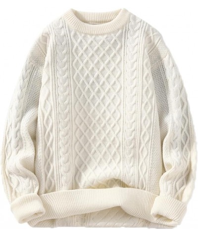 Cable Knit Sweater Women Vintage Chunky Cream Sweater Men Woven Crewneck Knitted Pullover White 1526-beige $34.79 Sweaters