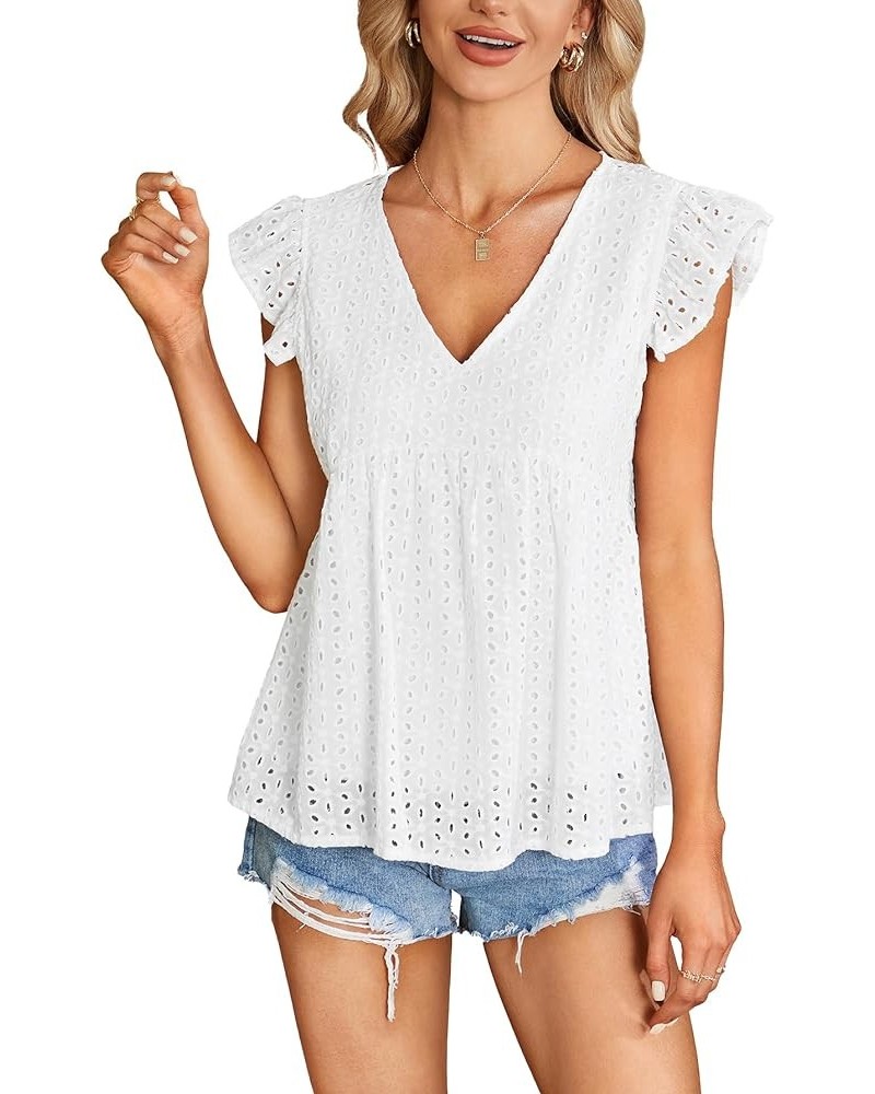 Women's Elegant Eyelet V Neck Ruffle Cap Sleeve Summer Badydoll Top Blouse White $11.96 Blouses