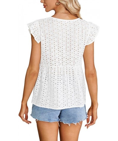 Women's Elegant Eyelet V Neck Ruffle Cap Sleeve Summer Badydoll Top Blouse White $11.96 Blouses