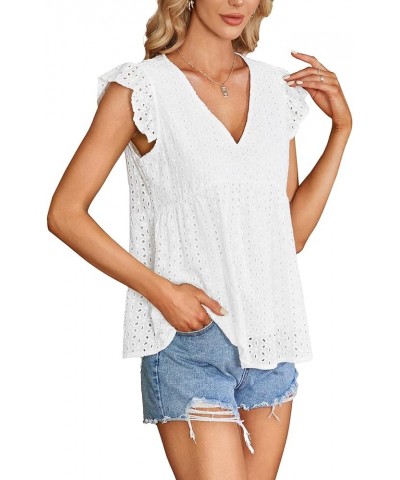 Women's Elegant Eyelet V Neck Ruffle Cap Sleeve Summer Badydoll Top Blouse White $11.96 Blouses