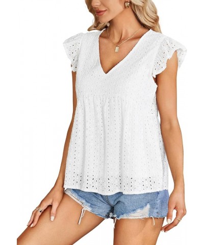 Women's Elegant Eyelet V Neck Ruffle Cap Sleeve Summer Badydoll Top Blouse White $11.96 Blouses