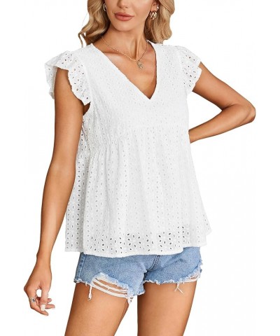 Women's Elegant Eyelet V Neck Ruffle Cap Sleeve Summer Badydoll Top Blouse White $11.96 Blouses