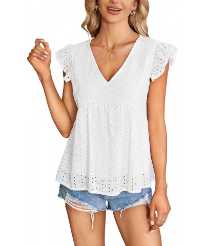 Women's Elegant Eyelet V Neck Ruffle Cap Sleeve Summer Badydoll Top Blouse White $11.96 Blouses