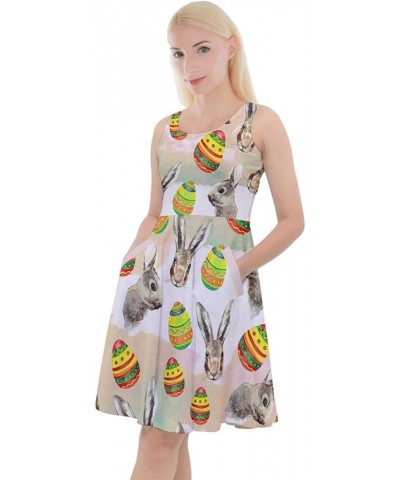 Womens Easter Festival Colorful Eggs Rabbits Chicks Knee Length Skater Dress with Pocket, XS-5XL Beige $16.31 Dresses