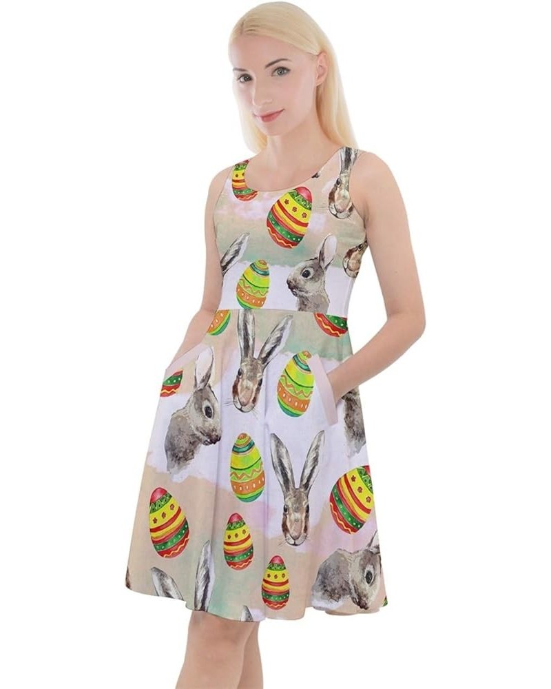 Womens Easter Festival Colorful Eggs Rabbits Chicks Knee Length Skater Dress with Pocket, XS-5XL Beige $16.31 Dresses