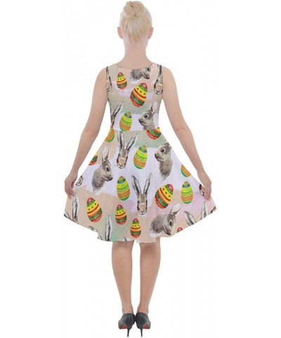 Womens Easter Festival Colorful Eggs Rabbits Chicks Knee Length Skater Dress with Pocket, XS-5XL Beige $16.31 Dresses