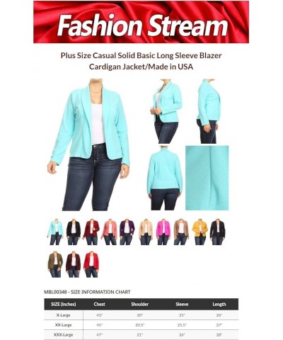 Women's Plus Size Casual Solid Basic Long Sleeve Blazer Cardigan Jacket/Made in USA Mbl00348 Aqua $15.37 Blazers