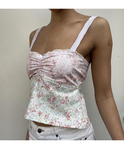 Women Y2k Floral Print Camisole Lace Trim Spaghetti Strap Slim Crop Top Vintage OOTD Vest Tank Top Streetwear Floral Pattern ...