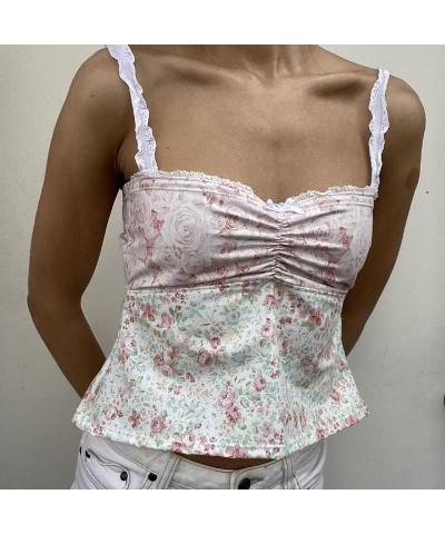 Women Y2k Floral Print Camisole Lace Trim Spaghetti Strap Slim Crop Top Vintage OOTD Vest Tank Top Streetwear Floral Pattern ...