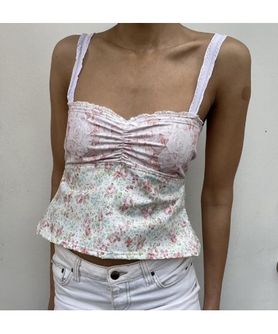 Women Y2k Floral Print Camisole Lace Trim Spaghetti Strap Slim Crop Top Vintage OOTD Vest Tank Top Streetwear Floral Pattern ...