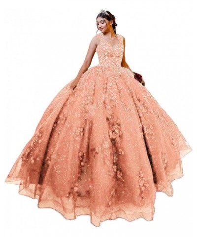 Woman's V-Neck Quinceanera Dresses Ball Gown Sparkly Tulle 3D Flower Applique Sweet 15 16 Dresses Prom Party Dresses Coral $4...