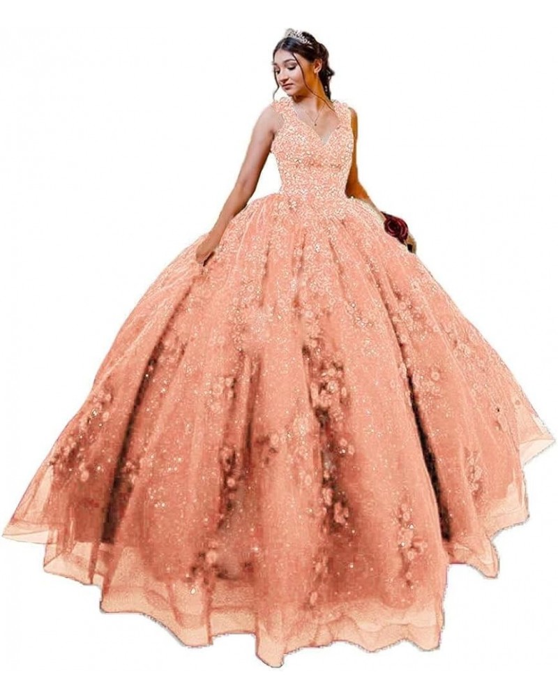 Woman's V-Neck Quinceanera Dresses Ball Gown Sparkly Tulle 3D Flower Applique Sweet 15 16 Dresses Prom Party Dresses Coral $4...