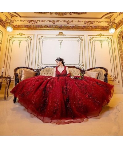 Woman's V-Neck Quinceanera Dresses Ball Gown Sparkly Tulle 3D Flower Applique Sweet 15 16 Dresses Prom Party Dresses Coral $4...