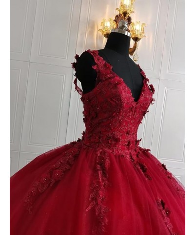 Woman's V-Neck Quinceanera Dresses Ball Gown Sparkly Tulle 3D Flower Applique Sweet 15 16 Dresses Prom Party Dresses Coral $4...