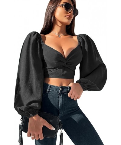 Women's Puff Long Sleeve Crop Tops Twisted Knot Front V Neck Smocked Shirts Blouses Black $14.49 Blouses