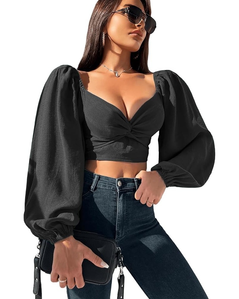 Women's Puff Long Sleeve Crop Tops Twisted Knot Front V Neck Smocked Shirts Blouses Black $14.49 Blouses