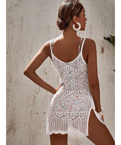 Women's Hollow Out Slit Hem Spaghetti Strap Crochet Bikini Cover Up Dress A White $17.39 Swimsuits