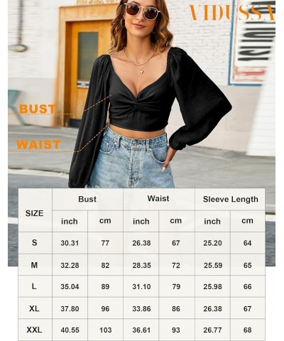 Women's Puff Long Sleeve Crop Tops Twisted Knot Front V Neck Smocked Shirts Blouses Black $14.49 Blouses