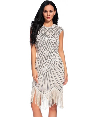 Women's 1920s Flapper Dress Sequin Beaded V Neck Tassels Hem Great Gatsby Cocktail Dress Beige a $18.45 Dresses