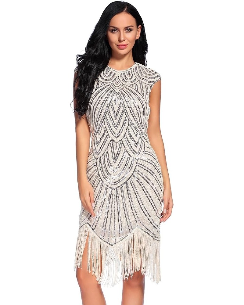 Women's 1920s Flapper Dress Sequin Beaded V Neck Tassels Hem Great Gatsby Cocktail Dress Beige a $18.45 Dresses