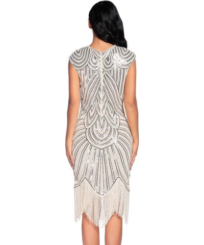 Women's 1920s Flapper Dress Sequin Beaded V Neck Tassels Hem Great Gatsby Cocktail Dress Beige a $18.45 Dresses