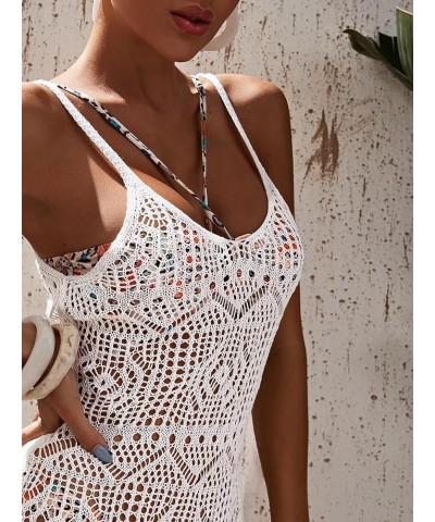 Women's Hollow Out Slit Hem Spaghetti Strap Crochet Bikini Cover Up Dress A White $17.39 Swimsuits