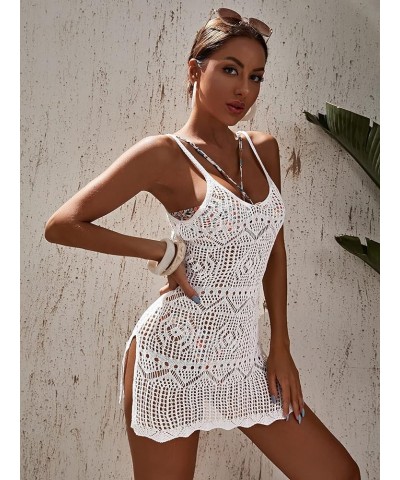 Women's Hollow Out Slit Hem Spaghetti Strap Crochet Bikini Cover Up Dress A White $17.39 Swimsuits