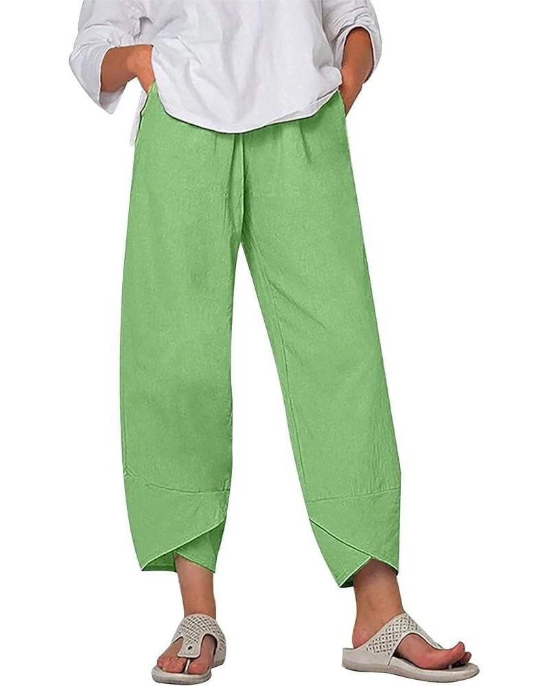 Womens Linen Wide Leg Pants Elastic High Waist Palazzo Pants Business Casual Loose Trousers with Pocket A23 Green-01 $15.68 P...