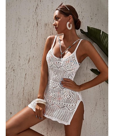 Women's Hollow Out Slit Hem Spaghetti Strap Crochet Bikini Cover Up Dress A White $17.39 Swimsuits