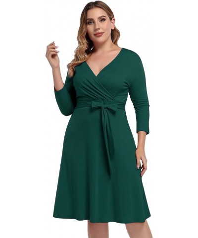 Womens V-Neck 3/4 Sleeve A Line Midi Faux Wrap Plus Size Cocktail Party Swing Dress Dark Green $8.54 Activewear