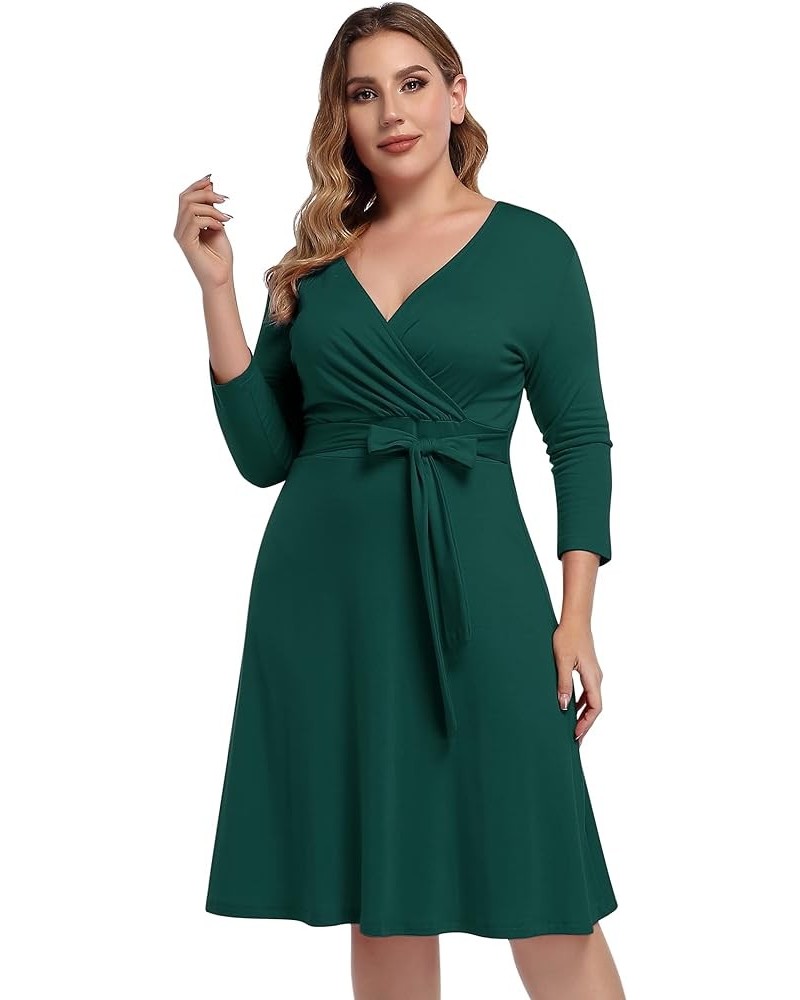 Womens V-Neck 3/4 Sleeve A Line Midi Faux Wrap Plus Size Cocktail Party Swing Dress Dark Green $8.54 Activewear