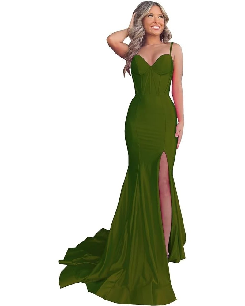 Satin Prom Dresses Long 2024 Sexy Side Slit Evening Gowns Mermaid Spaghetti Straps Formal Party Dresses Olive Green $34.02 Dr...