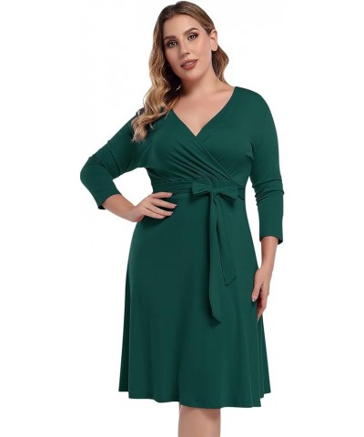 Womens V-Neck 3/4 Sleeve A Line Midi Faux Wrap Plus Size Cocktail Party Swing Dress Dark Green $8.54 Activewear