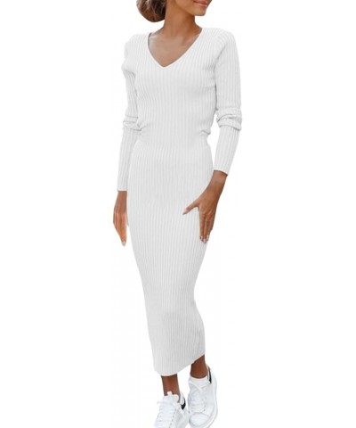 Women's Sweater Dress 2023 Winter Long Sleeve V Neck Slim Fit Bodycon Knit Dress Sexy Solid Tight Ribbed Pullover Dress White...